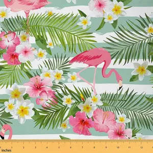Flamingo Upholstery Fabric by The Yard,Tropical Hawaiian Floral Fabric by The Yard,Summer Palm Leaves Striped Decor Fabric for DIY Projects