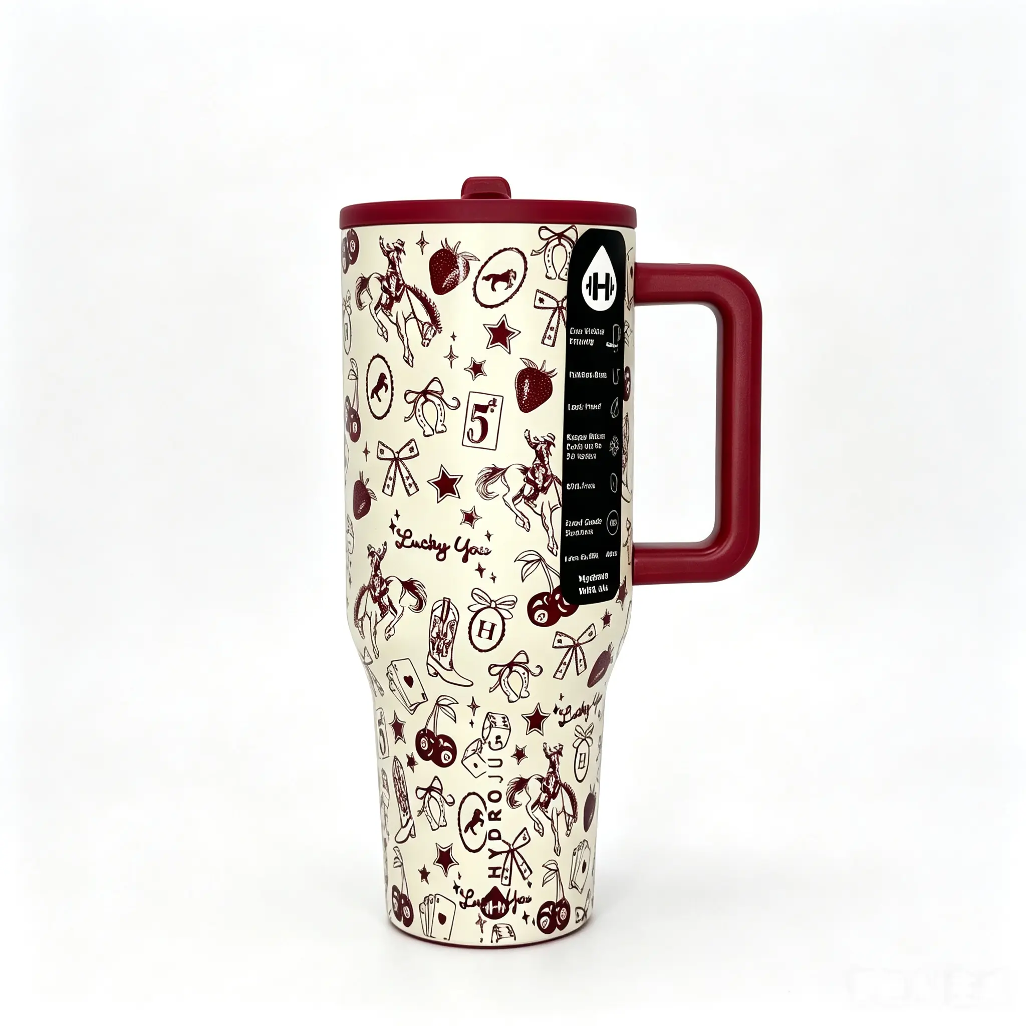 HydroJug 40oz Classic Lucky Cowgirl Retro Western Print Insulated Stainless Steel Reusable Water Bottle, Maroon Handle, Leakproof Portable Mug Tumbler for Coffee - Kitchenware Vacuum Flask Drinkware Bottled