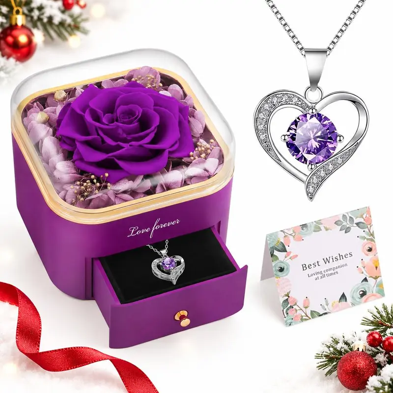 【Real Rose Box】DEEMEI Eternal Rosa Preserved Flower with Necklace Romantic Gift for Mom Grandma, Birthday Anniversary Gift for Wife GirlFriend Her