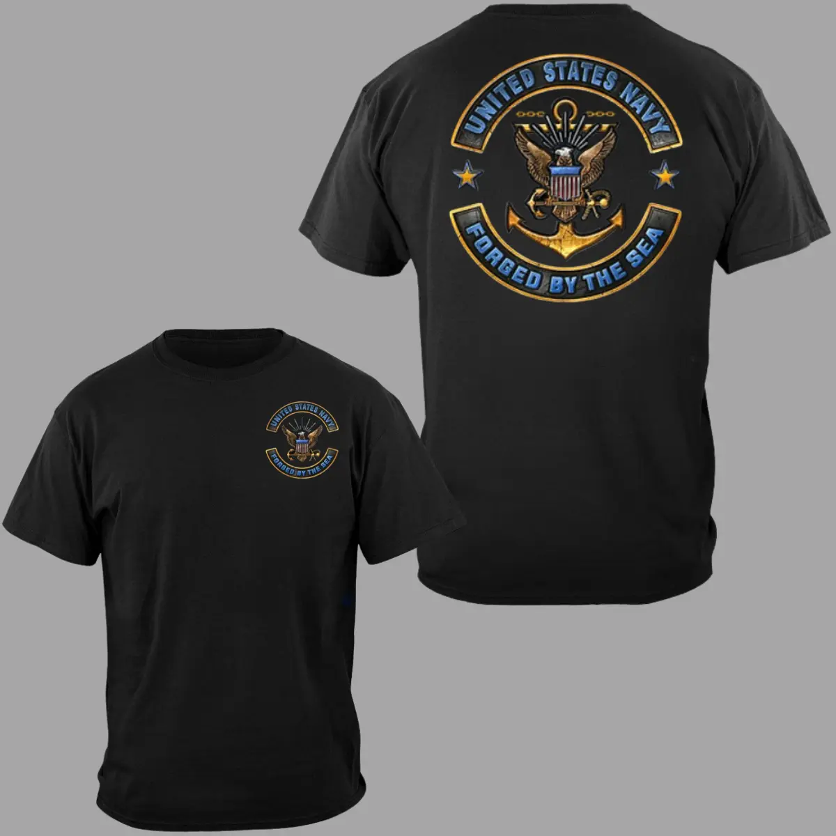U.S. Navy Short-Sleeve Round Neck Casual T-Shirt - 2-Sided Forged By The Sea Emblem, Bold Eagle Anchor Graphic, Military Veteran Pride Top, Navy Support Apparel, Gift for Men & Women, 4th July Outfit