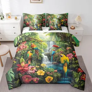 Parrot Comforter Set with Sheets 7 Pcs Kids Blossom Flowers Floral Pattern Bedding Set for Boys Girls Summer Woodland Animals Palm Leaves Pattern Nature Theme Bed in a Bag