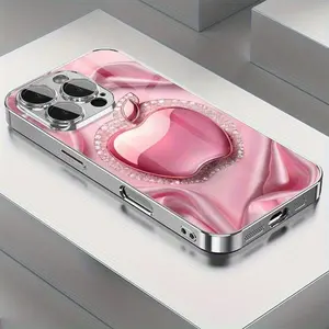 Exquisite and luxurious pink sparkling diamond apple print pattern electroplated glass phone case for iPhone 17/17Air /18Pro Max,iPhone 16 15 14 13 12 11Pro Max Plus-proof full coverage premium business gift suitable all four seasons