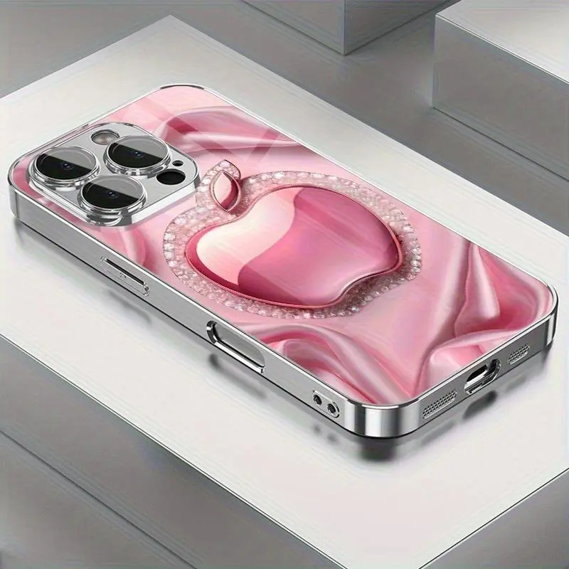 Exquisite and luxurious pink sparkling diamond apple print pattern electroplated glass phone case for iPhone 17/17Air /18Pro Max,iPhone 16 15 14 13 12 11Pro Max Plus-proof full coverage premium business gift suitable all four seasons, Accessories, Smartph