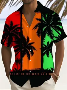 Tropical Beach Scene Graphic Shirt, Men's Loose Fit Collared Short Sleeve Top, Casual All-Over Print Clothing, Trendy Summer Wear