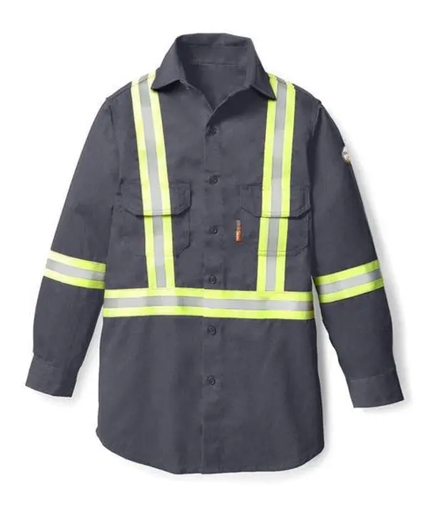 Rasco FR Uniform Shirt with CSA Trim Classic Menswear 7.0 oz Cotton Twill CAT 2 HRC 2 Navy with Pockets & Reflective Trim