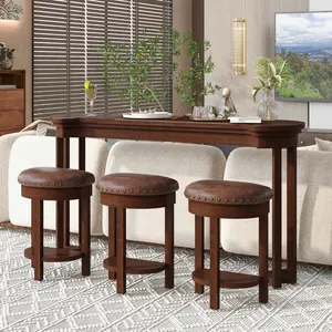 4 Piece Bar Table Set with 3 PU Upholstered Bar Stools, Breakfast Table with 3 Padded Stools Solid Wood Counter Height Dining Table Set for Living Room, Dining Room. Cherry