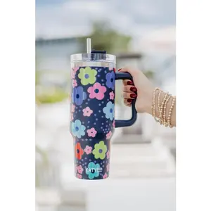 Navy Daisy Tumbler Cup with Handle