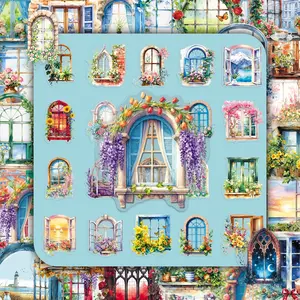 100 Sheets, Two Sets of Duplicate Transparent Window Flower Theme Personalized Creative Design Decorative DIY Scrapbook Transparent Stickers Customizable Stickers