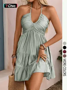 Women's Spring/Summer Rayon Bamboo Knit Bohemian Beach Dress, Shirred Pleated Bust, Tiered Skirt Design, A-Line Silhouette, Backless With Tie-Up Halter Neck And Bow Closure