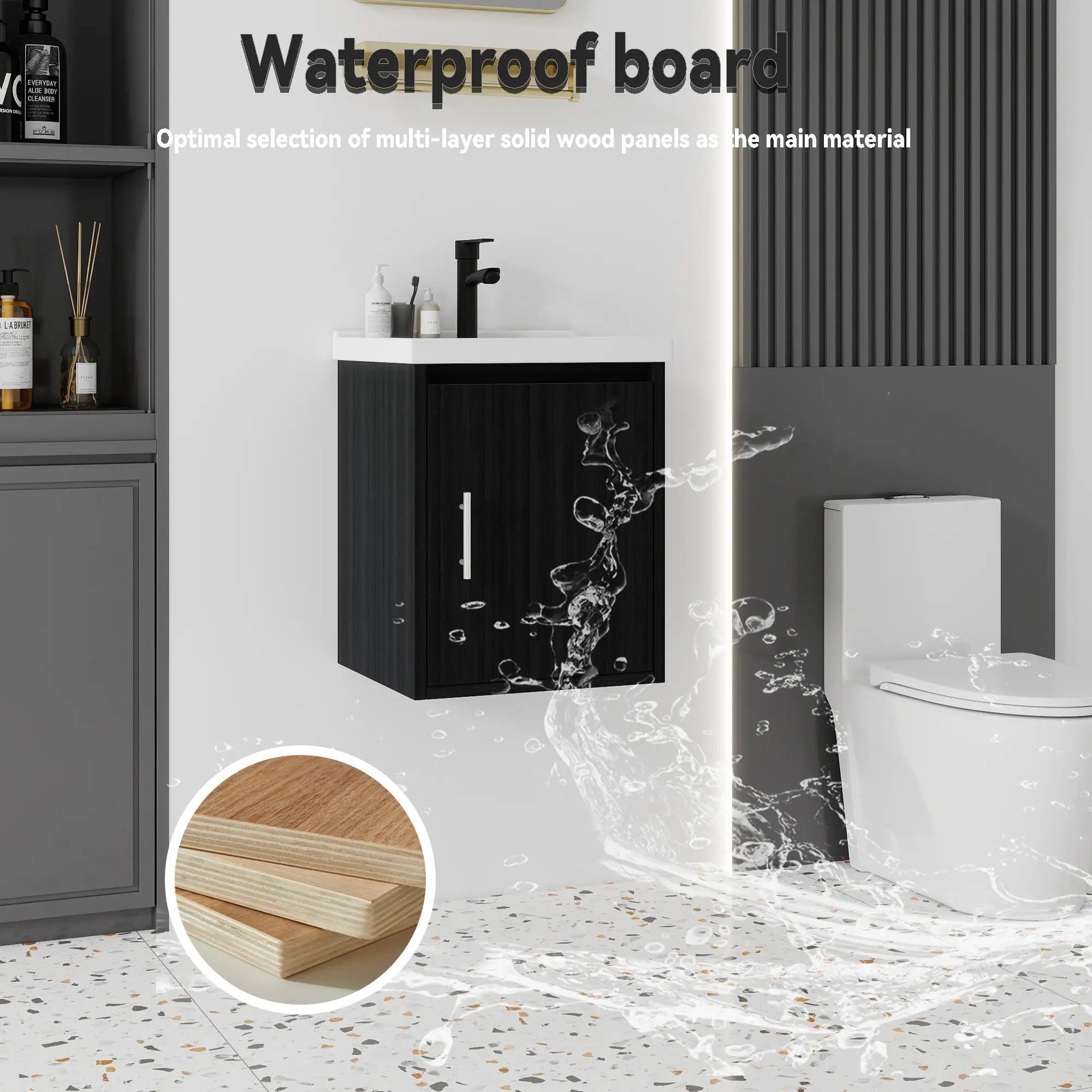 16-Inch Compact Spaces Modern Wall-Mount Floating Bathroom Vanity with Square Ceramic Sink & Storage, Lightweight Eco-Friendly Plywood, Soft-Close Door, Black Walnut Finish