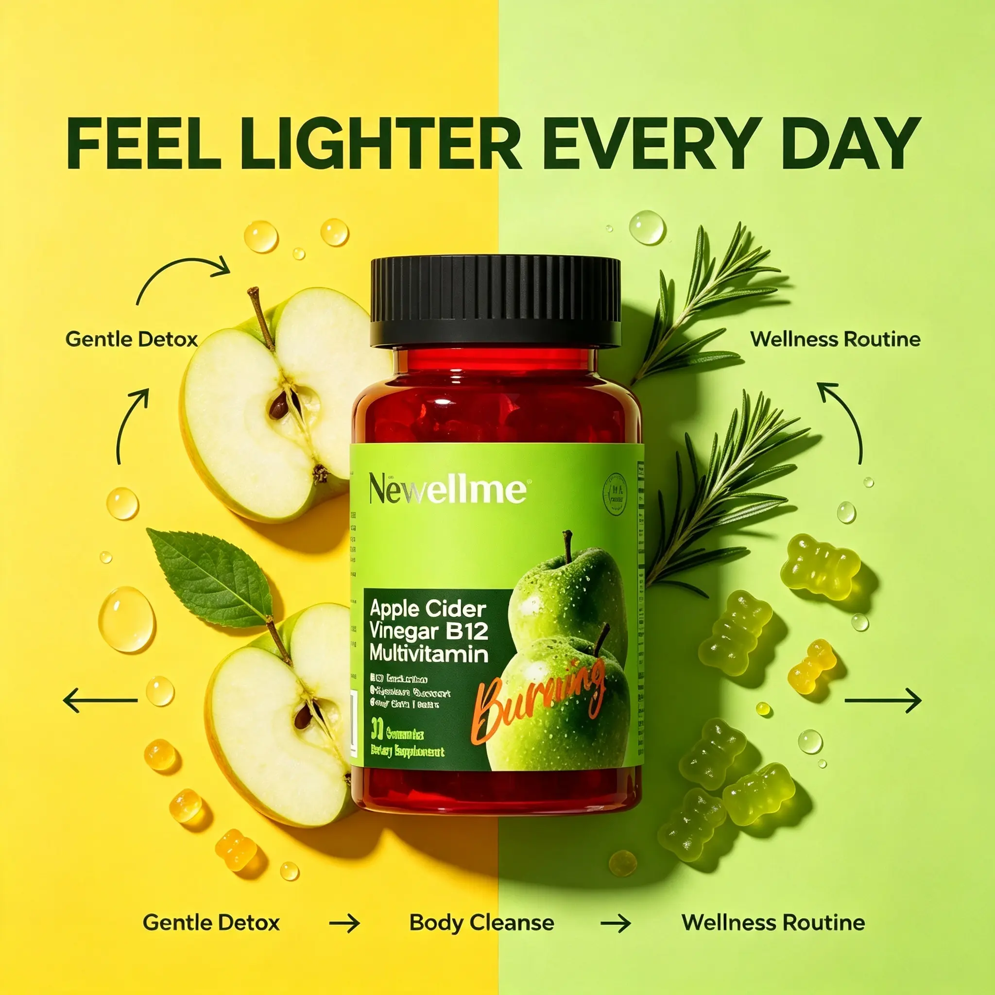Newellme Apple Cider Vinegar Gummies Formulated to Support Normal Energy Levels - ACV Gummies W/VIT B12 Dietary Edible Fitness