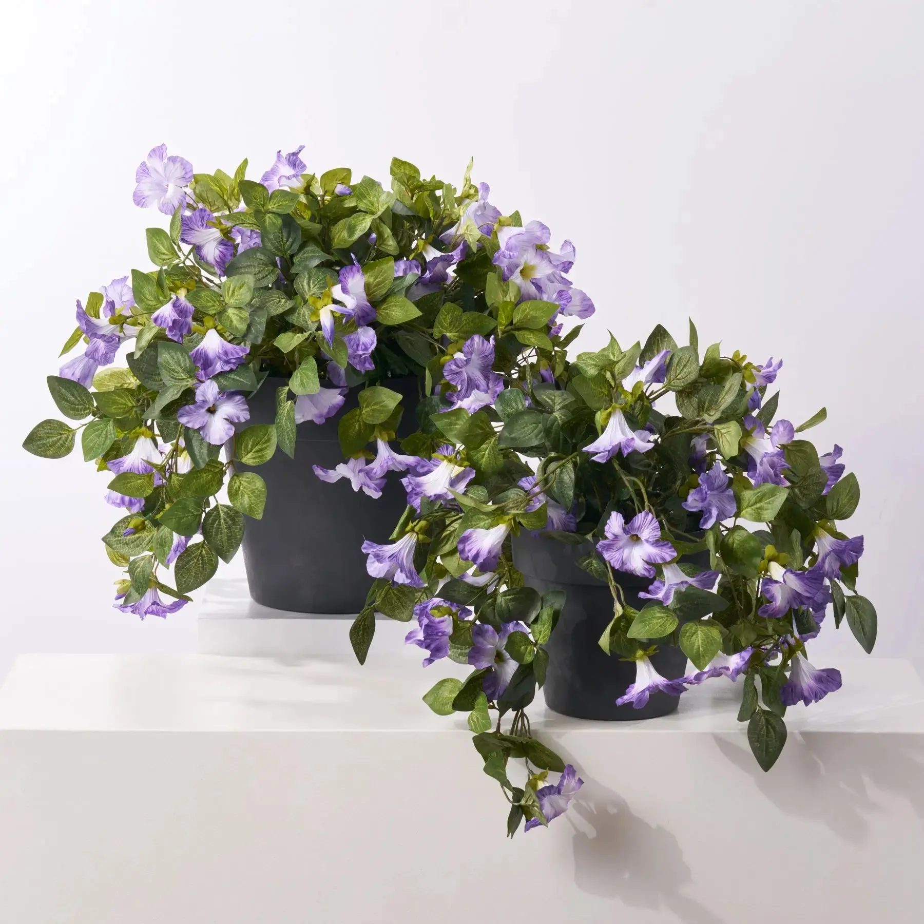Decorative Blooming Purple Petunia Cascade Faux Flowers, Outdoor Urn Filler Arrangement with Recycled Base - Single Unit, Designed in Ohio, Available in 2 Sizes