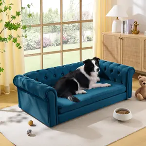 [Fahuac] Dark Blue Oversized Rectangular Dog Sofa with Backrest & Armrests, Modern Linen Elevated Pet Couch for Big Dogs, Durable Comfortable Lounge Bed