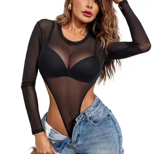 Long Sleeve Bodysuit for Women Mesh Bodysuit Top Sheer Cutout Waist Leotards S-XXL