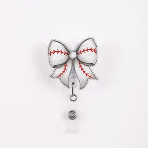 1pc Reel Retractable ID Holder Clip, Baseball Bow Design, Badge Decoration, Stylish Work Card Holder, Perfect for Office & Daily Use, Badge Reels Retractable