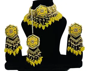 Kundan Choker Set with Earrings and Tikka Yellow Color Traditional Indian Jewelry for Women Enhances Neckline Perfect for Various Occasions