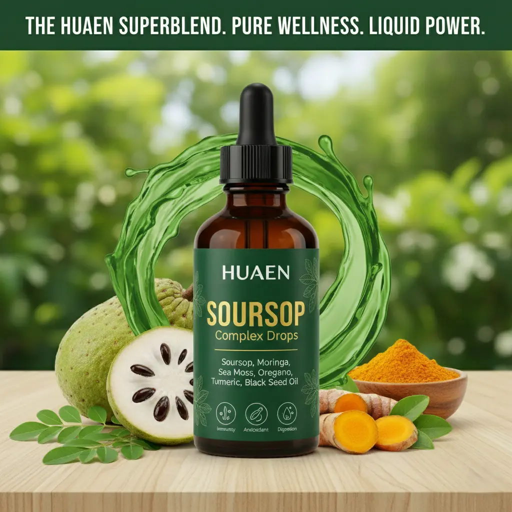 HUAEN Soursop Complex Liquid Drops Healthcare Supplement, Herbal Formula with Soursop Leaf, Vitamin C, Turmeric, Daily Wellness & Immune Support, Easy-to-Use Liquid Form