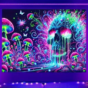 1pc HEGO Vibrant Psychedelic Cosmic Mountains Planets Fluorescent Tapestry - UV Black Light Skull Design, 78.74x59.05 Inch, Durable Polyester, Ideal for Game Room, Dorm, Living Room, Bedroom, Office Decor, Indoor/Outdoor Use, Dorm Room Accessory|Vibrant