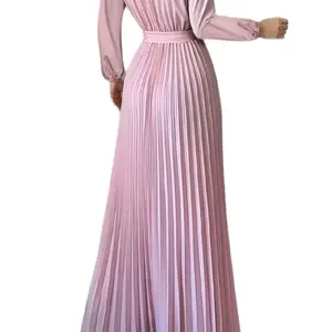 women's -Line maxi dress with stand collar and waist Tie-solid color dress suitable for spring summer fall casual to dressy occasion