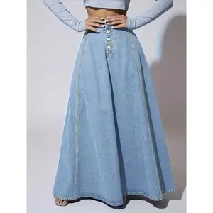 Elegant Washed Denim Skirt, High-Rise Button-Fly A-Line Maxi Skirt, Women's Clothing