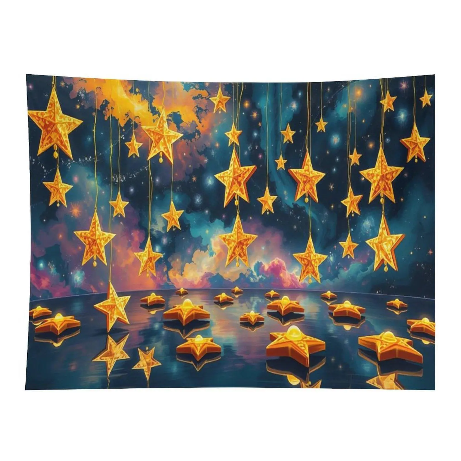 Hanging Golden Glowing Stars Cosmic Reflection Water Galaxy Sky Wall Tapestry Wall Hanging, Dreamy Magical Starry Night Aesthetic Decor for Teen Girls Bedroom Dorm Backdrop
