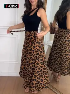 Women's Leopard Print Wrap Skirt Dress, Casual Vacation Style, Crossed Strap Design, Fashionable Ladies Clothing for Summer Wear, Adjustable