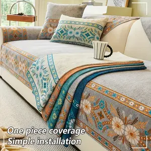 1 PC Boho Floral Sofa Cover Pad, Non-Slip Couch Protector Throw Blanket, Soft Sofa Protector, Washable Furniture Slipcover, Pet-Friendly Scratch-Resistant Sofa Towel for Armchair/Loveseat/Sectional/3-Seater, Easy Installation Home Decor