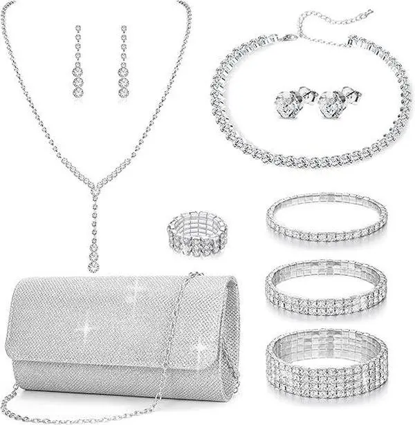 Women's 11-Piece Silver-Tone Rhinestone Jewelry Set - Skin-Safe Gems, 1 Pair Earrings, 1 Pcs Choker Necklace, Clutch Purse, Multi-Layered Design, Elegant Shine for Evening Events, Pageants