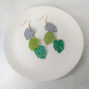 #313 Triple Monstera Leaf Earrings, Casual, Boho, Acrylic
