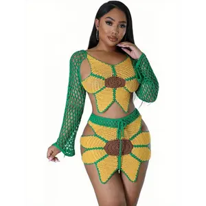 Women Sexy Beach Coverups Summer 2pcs Outfits Crochet Mesh Fishnet Bikini Top Skirt Set