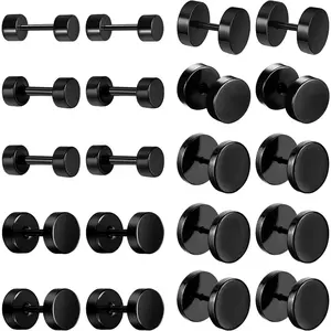 10 Pairs Black Stud Earrings for Men Faux Gauges Earrings Hypoallergenic Earrings Ear Tunnel Stainless Steel Dot Earrings for Men Women, 18G Round Ear Studs 3mm-14mm