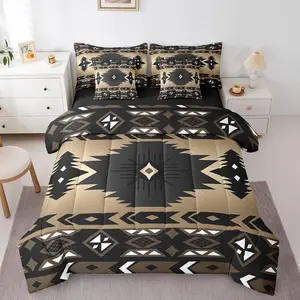Feelyou 7-Piece Boho Western Comforter Set with Sheets & Blankets, Vintage Geometric Print Southwest Tribal Aztec Design, Multi-Size Ethnic Arrow-Striped Triangle Diamond Bed-in-a-Bag for Black Brown Room Decor
