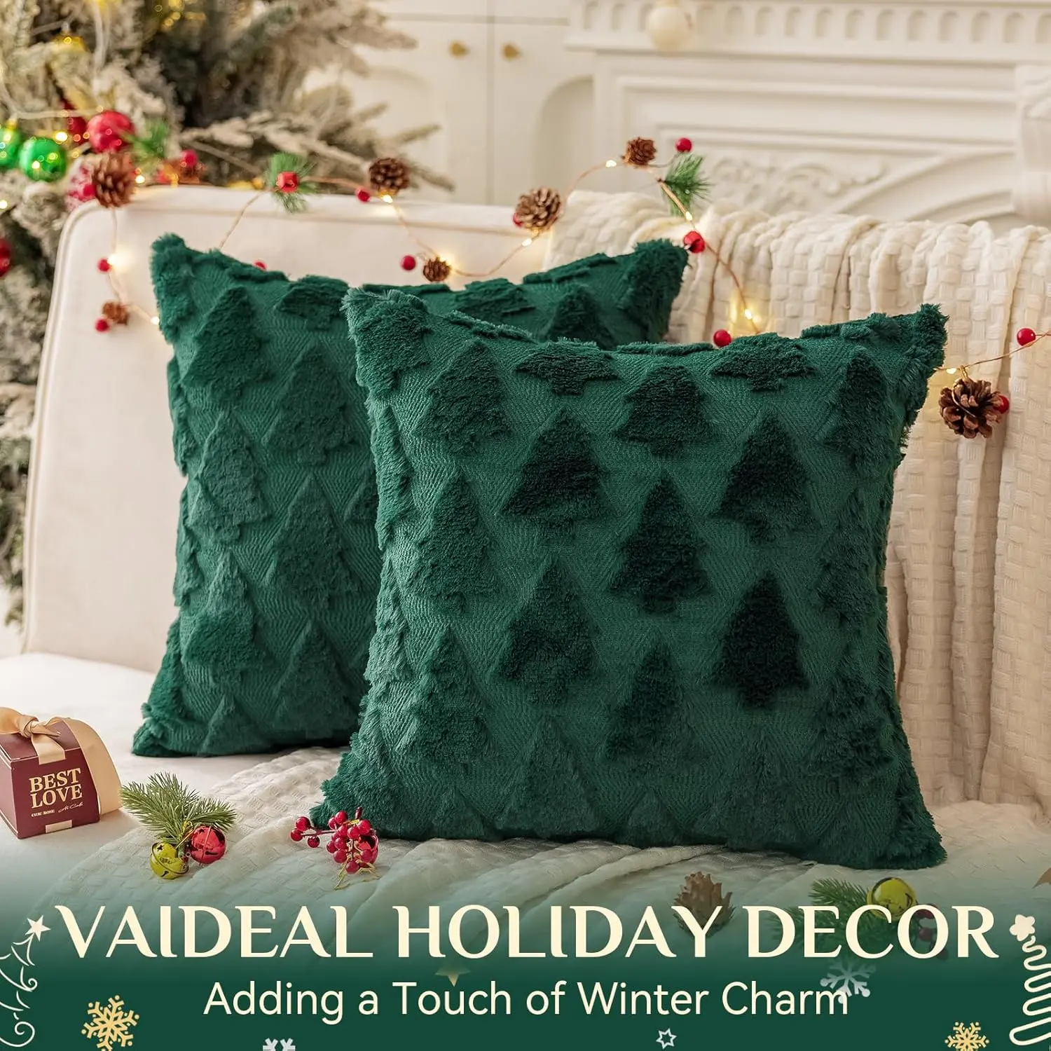 Christmas Pillow Covers Set of 2, 45x45cm Decorative Winter Xmas Tree Pattern Throw Pillow Cases, Soft Plush Faux Fur Wool Couch Cushion Case for Chair Sofa Living Room Home Decor