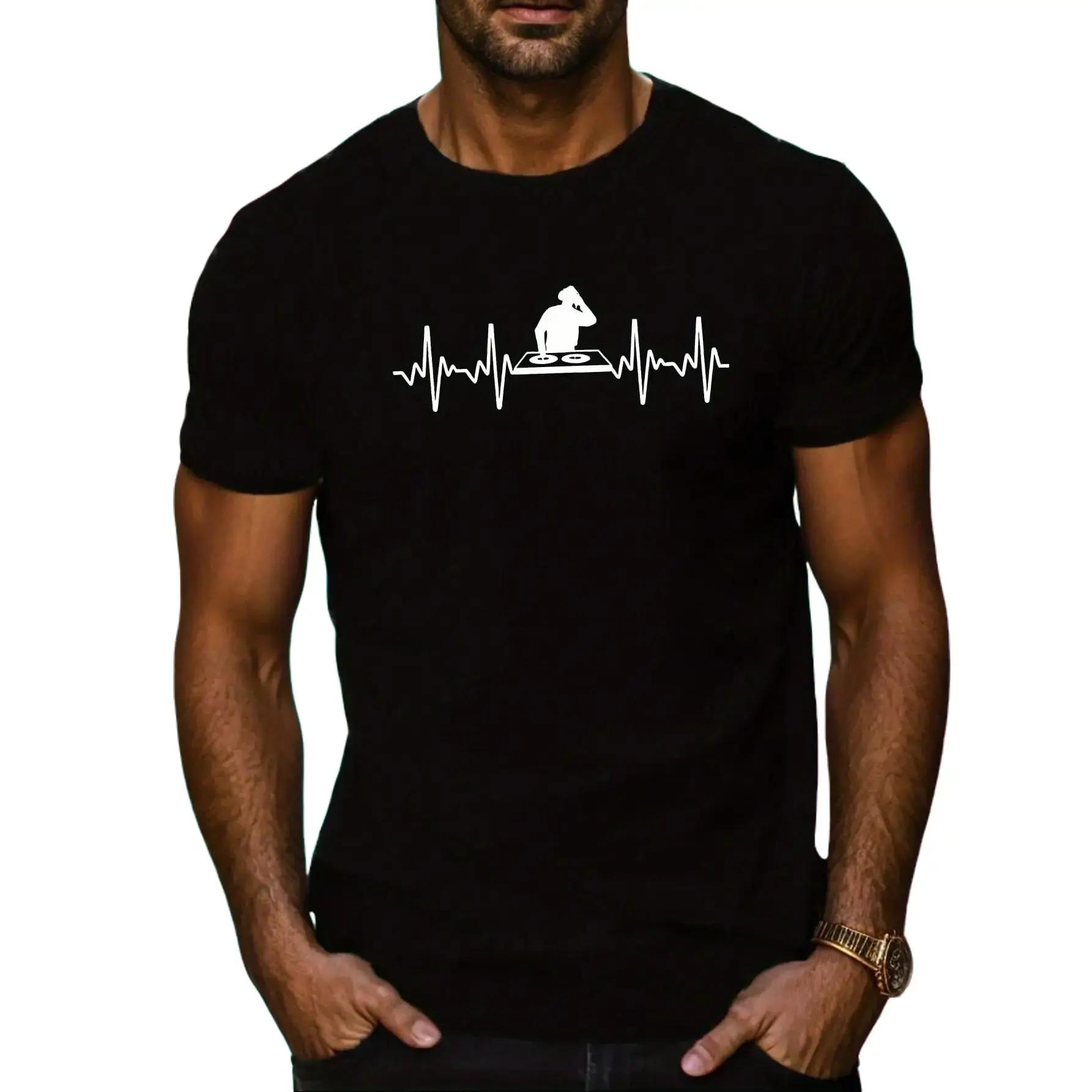Men's Casual Graphic T-Shirt with DJ & Plant Print, Soft Breathable Knitted Cotton with an Aesthetic Round Neck, Elegant, Shortsleeve