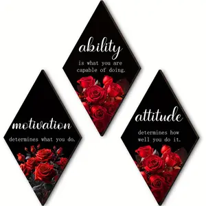 3 Piece Rose Wall Decor Set, Wood Wall Art, Motivational Quotes Hanging Ornaments, Perfect for Classroom Bedroom Living Room Apartment Office Home Decoration Gift