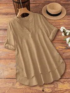 Holiday Casual Roll Sleeve Decorative Button V Neck Shirt, Stylish Women's Top for Vacation, Comfortable and Trendy Design