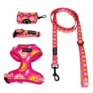 Duck & Luca 4-Piece Pet Bundle - Neon Pink Happy Face Design for Dogs - Includes Harness, Leash, Collar, and Poop Bag