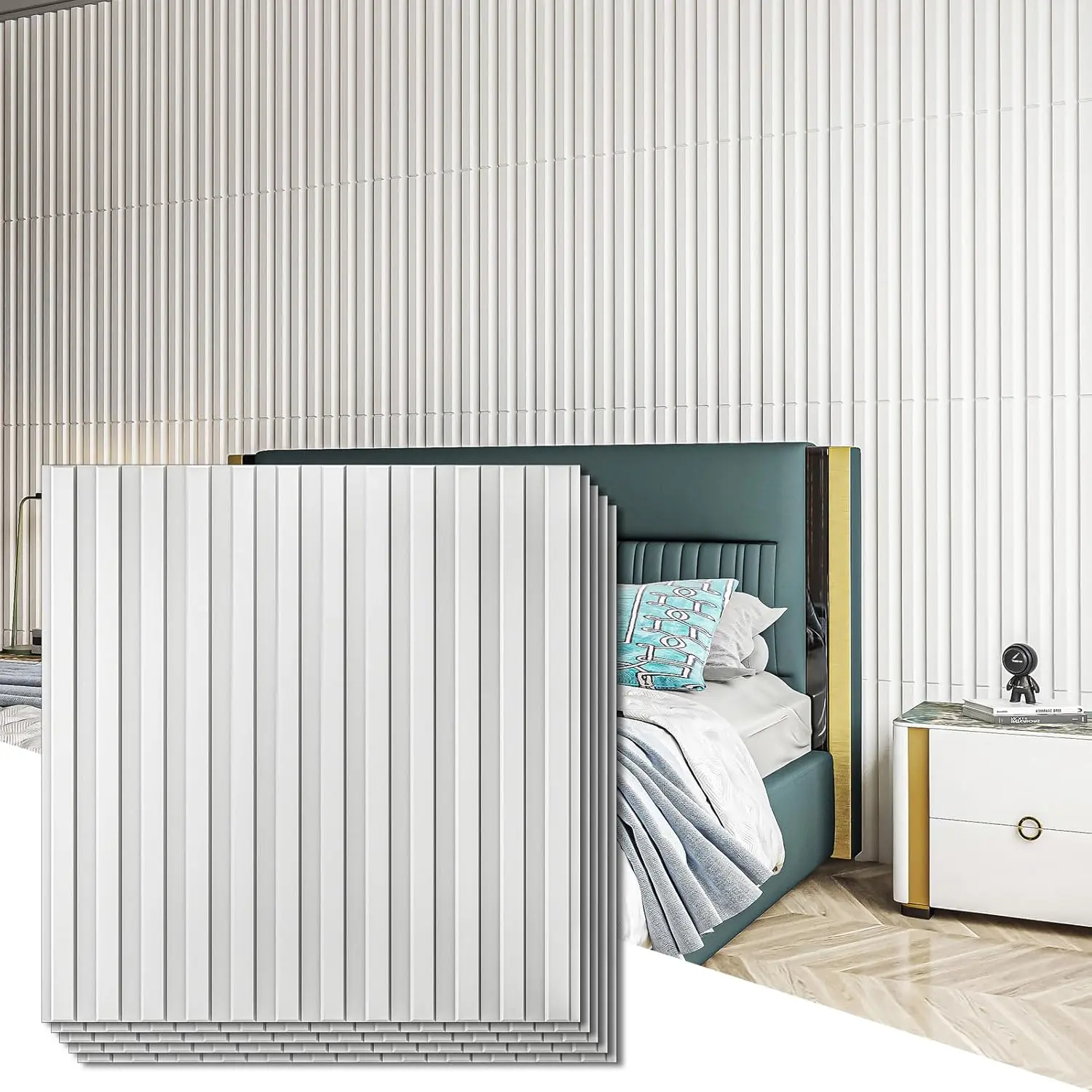 Synthetic Recyclable PVC 3D Fluted Textured Square Slat Wall Panels Set - 12 Panels (19.7x19.7in Each) with 90-Degree Flat Corners, Self-Adhesive White for Indoor Use Home Improvement (Enhances Visual Impact), 3D Fluted Textured Slat