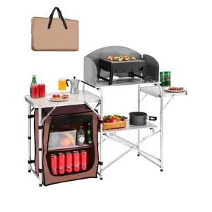 Aluminum-Steel 2-Tier Portable Folding Outdoor Cook Table with Button-Lock, Weatherproof Cloth & Zippered Bag, for BBQ, Camping, Brown, Buttonlock