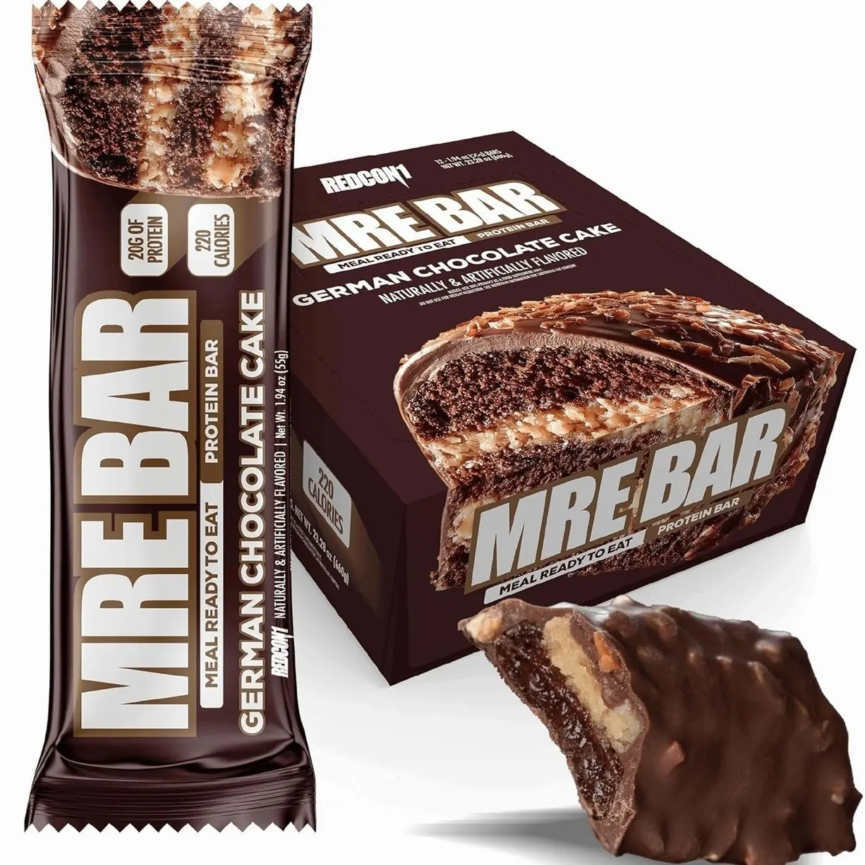 REDCON1 MRE Protein Bars German Chocolate Cake - 12 Count, 20g High Protein Snack - Nutrition Bar - On-The-Go Breakfast or Post-Workout Snack