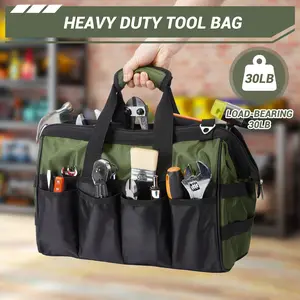 Black and Green 15 Inch Tool Organizer Tote Bag, Heavy Duty Portable Work Bag with Soft Handle & Adjustable Shoulder Strap, Best Holiday Gift for Dad, Mechanic, Electrician Men