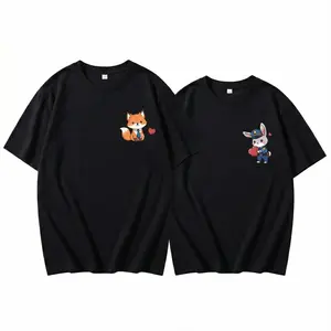 Matching Couple T-Shirts Fox & Rabbit Graphic Tees – Cotton Summer Short Sleeve Tops for Him and Hers. Cute Anime Lovers Gift for Valentine's Day & Anniversary.