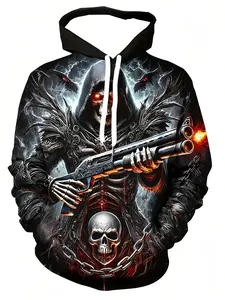 Men's Casual Sports Fitness Outdoor Home Hooded Sweater, Sweatshirt, Graphic Print Hoodie, Drippy Skull Hoodie, Gothic Printed Hoodie, Demon Skull Shotgun Pattern 3D Printing, Regular Version, Elastic, With Drawstring Pocket, Spring Autumn Winter