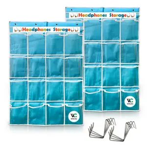 Classroom Headphone Organizer 2 Pack, 16 Clear Pockets Each (32 Total), Hanging Door or Wall Storage for Headphones, Phones, Calculators & Classroom Supplies