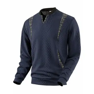 Men’s plaid patchwork jacquard stand collar long-sleeve sweatshirt, retro faux suspenders casual top