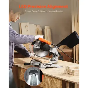 Compound Miter Saw, 10-Inch Blade, 15 Amp Motor, 60-Tooth, Corded Single Bevel 0-45°, LED Precision Alignment, Angle Adjustable, Lightweight Cast Aluminum Base, for Wood, Composite Decking