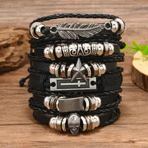 6pcs Set Feather Star Faux Leather Handmade Bracelets for Men, Vintage Style, with Black Cord, for Daily, Party, Campus, Halloween, Christmas, Casual Attire, Gift Giving, All Seasons