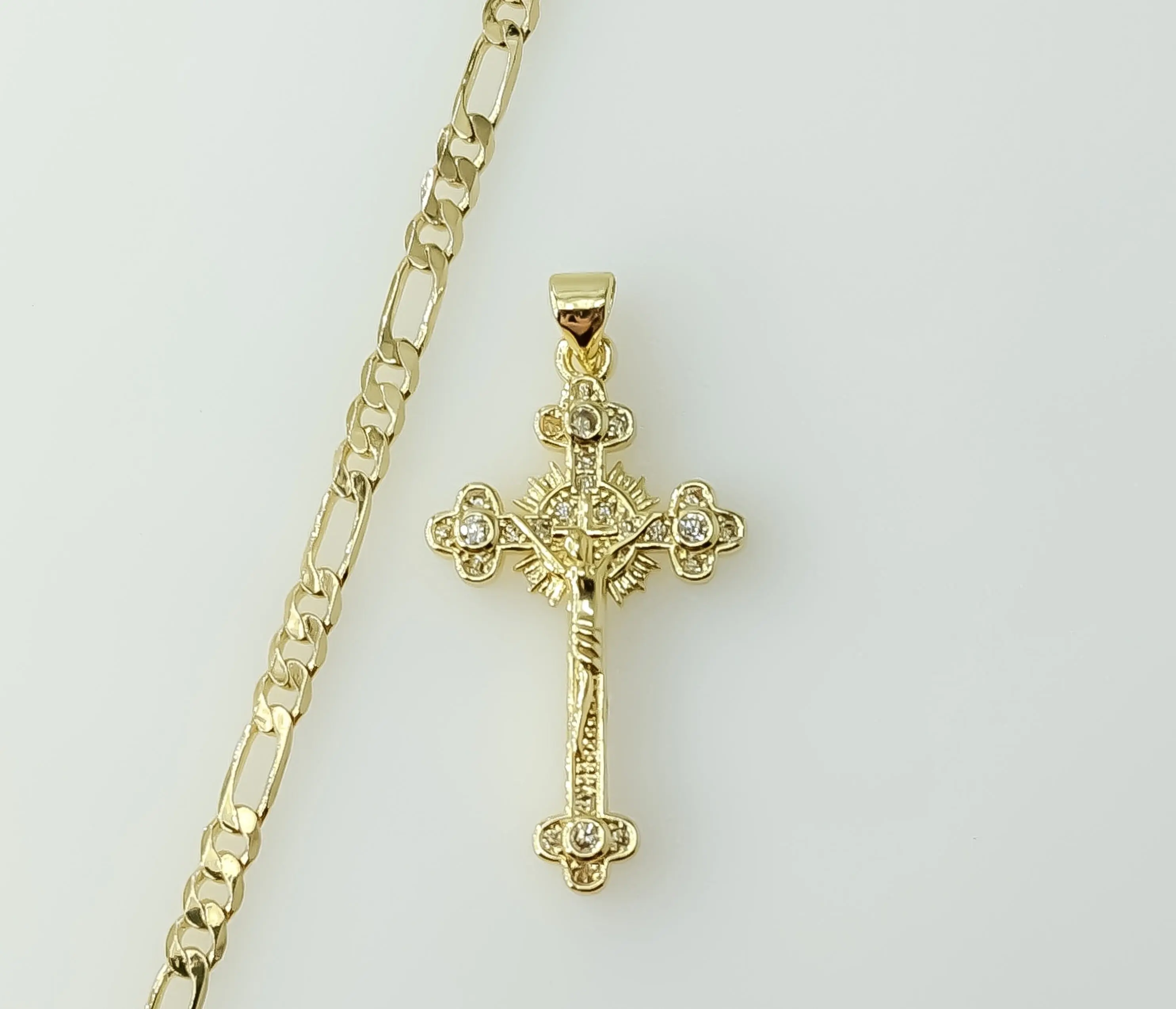 Plated Small Cross 3mm Figaro Chain Necklace