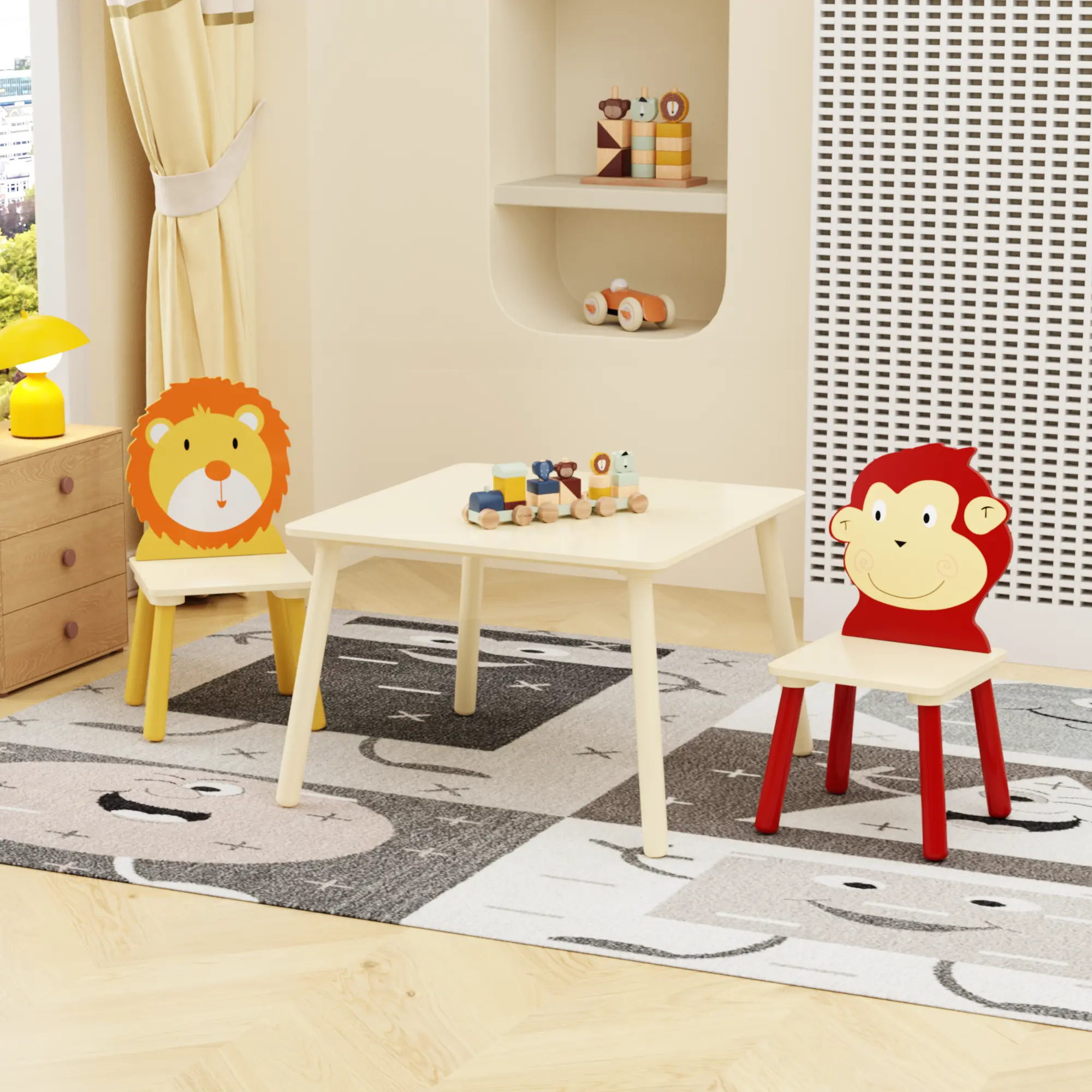 Table and 2 Chairs Set, 3 Pieces Table and Chair Set, Wooden Activity Play Table Set Furniture Lounge Modern Bedroom Nursery Home