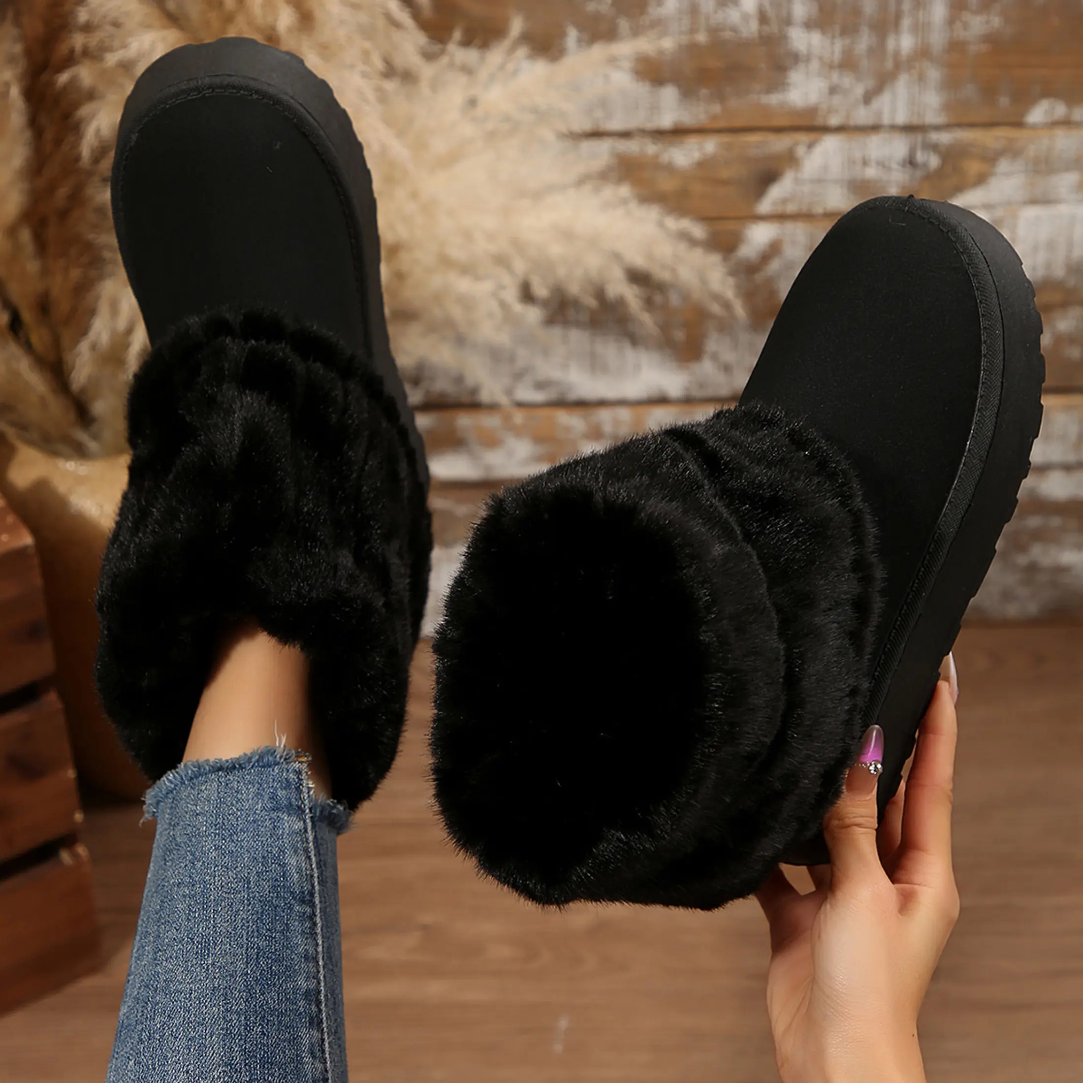 Boots For Women Plush Snow Shoes Cold Weather Warmth Fuzzy Fluffy Mid Calf Snow Boots